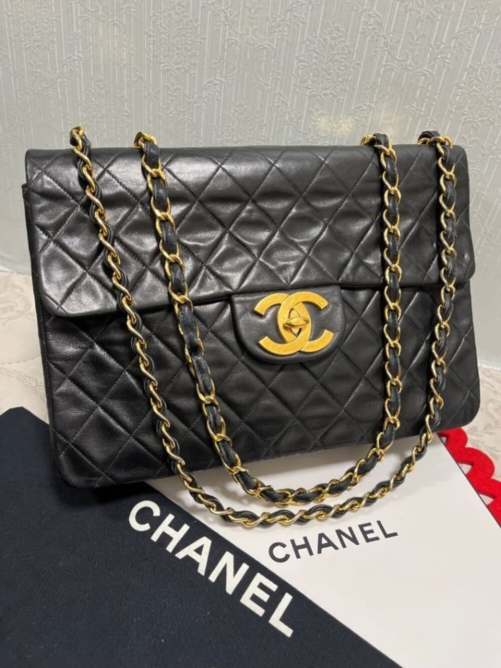 Chanel Jumbo CC Logo Coco Quilted Vintage Black Shoulder Bag Flap
